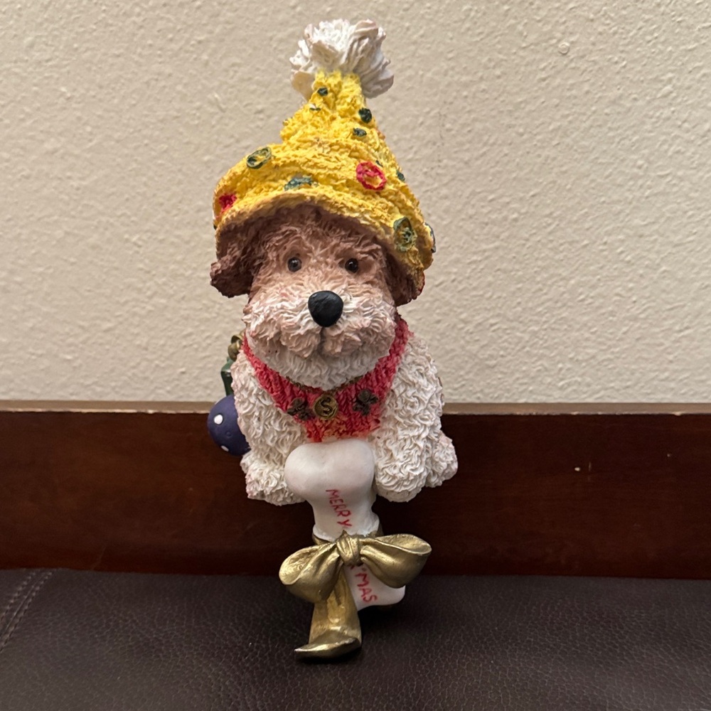 Vintage Dog Stocking Holder w/Merry Christmas Bone & Yellow Dotted Beanie Cap